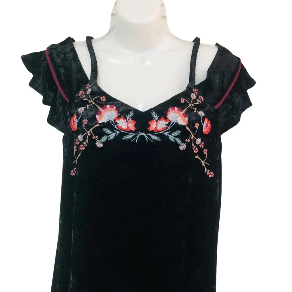 THML Velvet Mini Dress Floral Embroider Cold Shoulder Womens MP Fairy Whimsigoth
